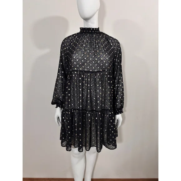 ON 34th Women's Large Black & Metallic Gold Dot Tiered Sheer Dress NWT - Picture 3 of 6